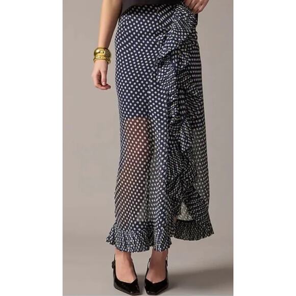 NWT J.CREW Navy & White Polka Dot Ruffled Midi Skirt Size 4 - Picture 1 of 6